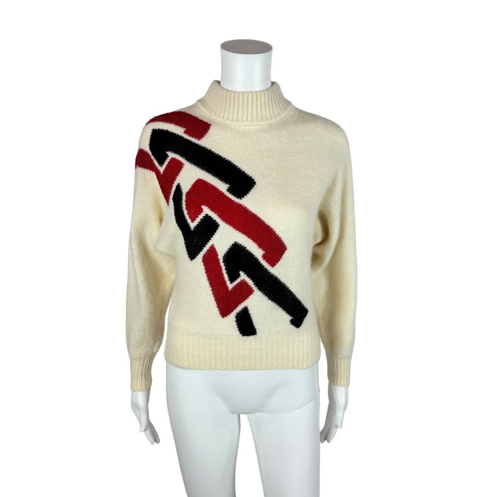 Vintage 80s Wool Sweater Women's Medium Angora Geometric Red Black Cream - Picture 2 of 9